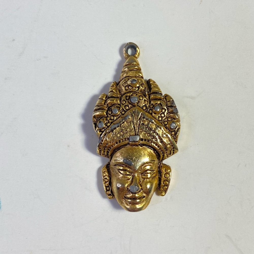 Vintage Gold Tone Ornate Face Pendant Necklace Charm